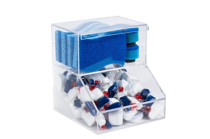 IneVibe Acrylic Dishwasher Pods Sponge Holder wLids 2 Compartment Container for Storing Detergent Tablets Dryer Sheets Laundry Pods for Kitchen Sink Organization